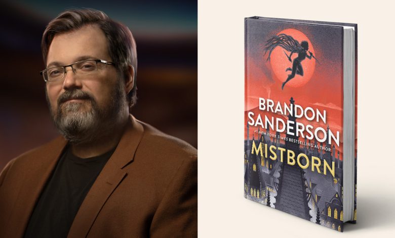 Brandon Sanderson Headshot and Mistborn Book