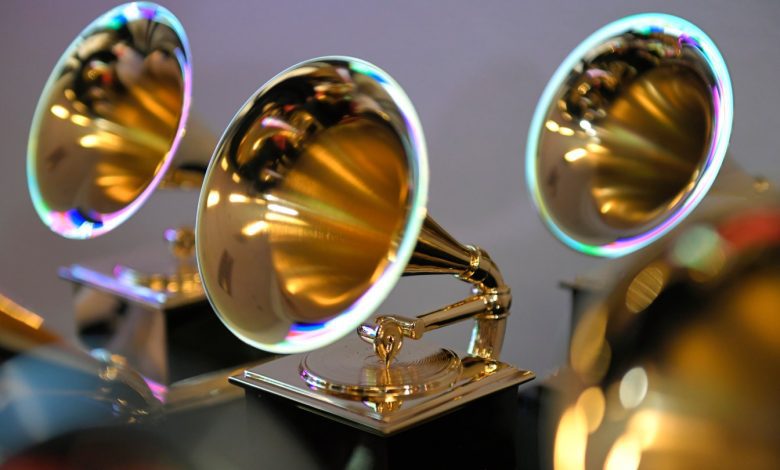 Grammy trophies sit in the press room during the 64th Annual Grammy Awards at MGM Grand Garden Arena on April 03, 2022 in Las Vegas, Nevada.