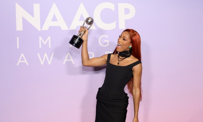 Keke Palmer, winner of the Entertainer of the Year award, poses in the press room during the 56th NAACP Image Awards at Pasadena Civic Auditorium on Feb. 22, 2025.