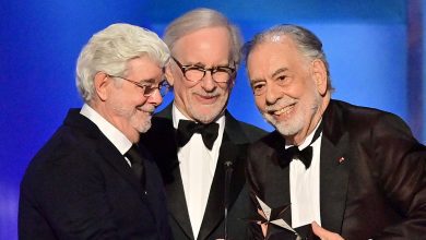 (L-R) George Lucas, Steven Spielberg and Francis Ford Coppola speak onstage during the 50th Annual AFI Life Achievement Award honoring Francis Ford Coppola at Dolby Theatre on April 26, 2025 in Hollywood, California.