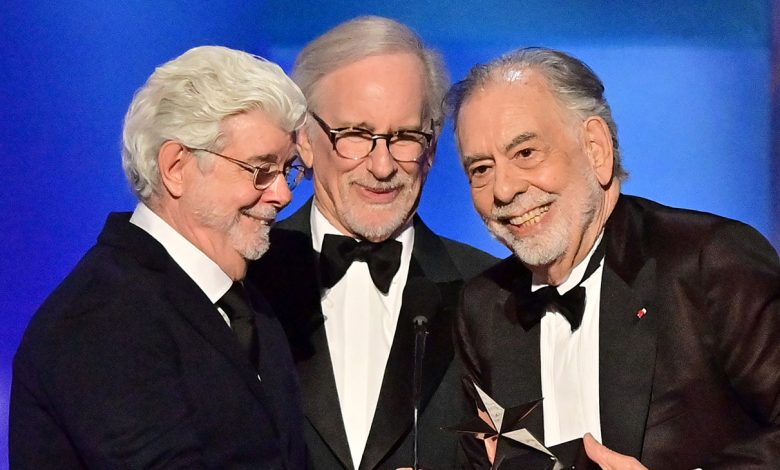 (L-R) George Lucas, Steven Spielberg and Francis Ford Coppola speak onstage during the 50th Annual AFI Life Achievement Award honoring Francis Ford Coppola at Dolby Theatre on April 26, 2025 in Hollywood, California.
