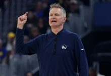 Head coach Steve Kerr of the Golden State Warriors directs his players in the first quarter against the Charlotte Hornets at Chase Center on January 17, 2026 in San Francisco, California.