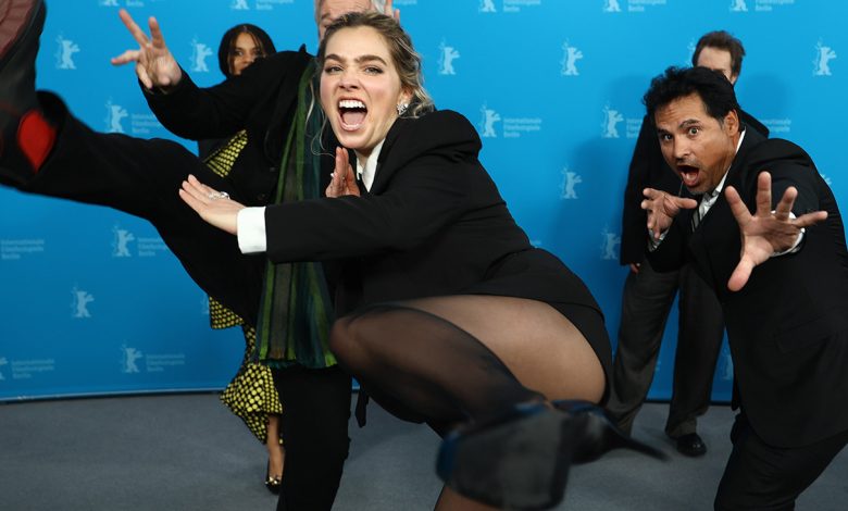 Haley Lu Richardson and Michael Peña pose at the Good Luck, Have Fun, Don