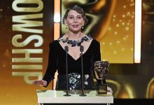 Dame Donna Langley accepts the Fellowship Award on stage during the EE BAFTA Film Awards 2026 at The Royal Festival Hall on February 22, 2026 in London, England.