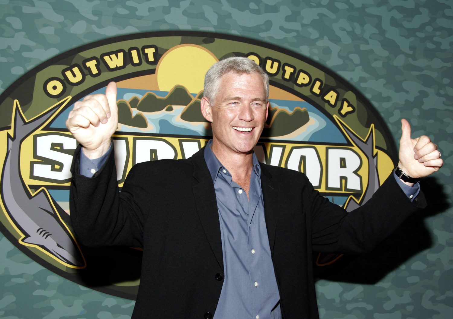 Tom Westman celebrates at the end of the 'Survivor: Palau Finale/Reunion Show' in the Ed Sullivan Theater May 15, 2005 in New York City.