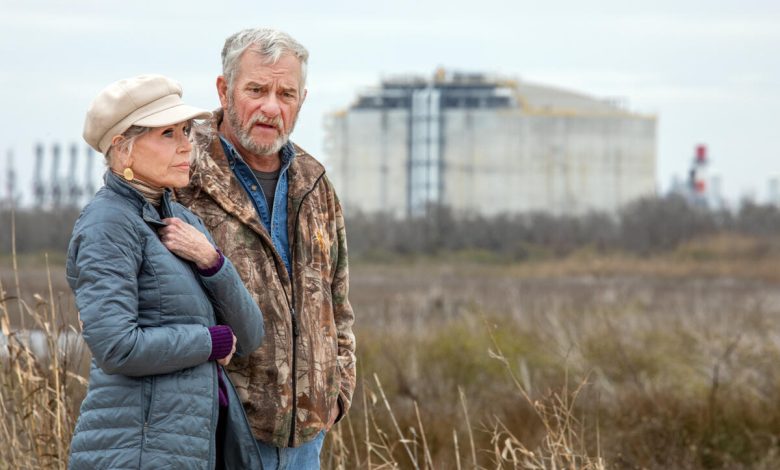 Jane Fonda visits John Allaire, a retired environmental engineer and Southwest Louisiana resident, who has been battling the expansion of liquefied natural gas exports near him.