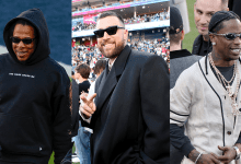 Jay-Z, Travis Kelce and Travis Scott at Super Bowl LX.