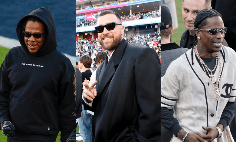 Jay-Z, Travis Kelce and Travis Scott at Super Bowl LX.
