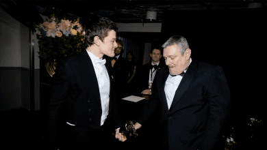 Robert Aramayo and John Davidson backstage during the EE BAFTA Film Awards 2026 at The Royal Festival Hall on Feb. 22, 2026, in London, England.