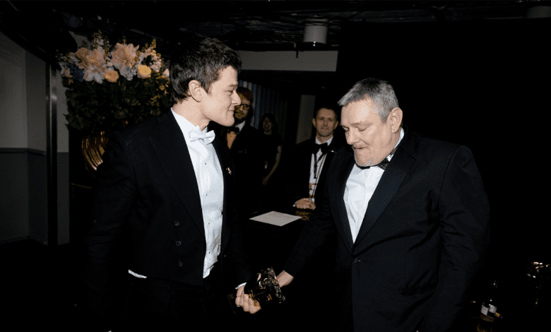 Robert Aramayo and John Davidson backstage during the EE BAFTA Film Awards 2026 at The Royal Festival Hall on Feb. 22, 2026, in London, England.