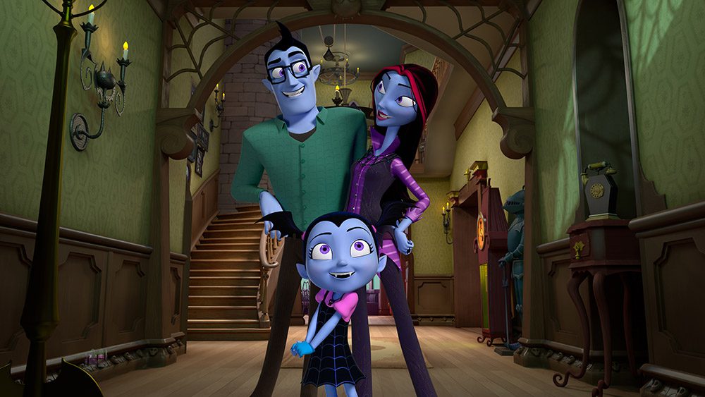 Vampirina, (from left): Boris Hauntley (voiced by James Van Der Beek), Vampirina 'Vee' Hauntley (voiced by Isabella Cramp), Oxana Hauntley (voiced by Lauren Graham), 'Going Batty', (Season 1, ep. 101, aired Oct. 1, 2017).