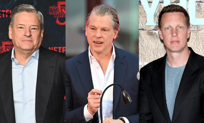 Ted Sarandos, Greg Peters and David Ellison
