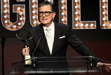 Stephen Colbert accepting the Walter Bernstein Award at the 2026 Writers Guild Awards in New York.