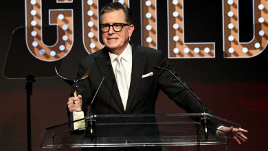 Stephen Colbert accepting the Walter Bernstein Award at the 2026 Writers Guild Awards in New York.