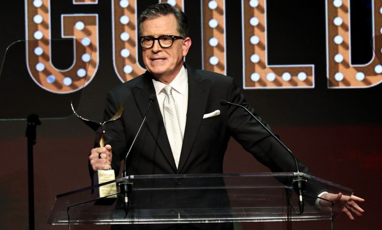 Stephen Colbert accepting the Walter Bernstein Award at the 2026 Writers Guild Awards in New York.