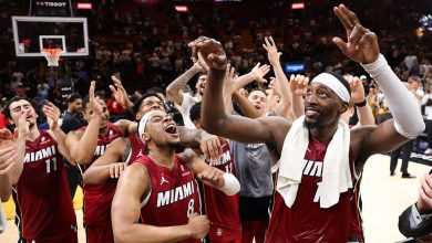 Bam Adebayo #13 of the Miami Heat celebrates with teammates after defeating the Washington Wizards at Kaseya Center on March 10, 2026 in Miami, Florida.